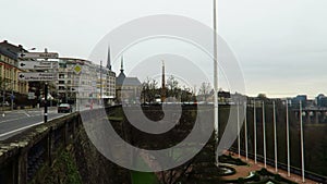 Luxembourg City, Luxembourg â€“ winter 2016. Panning from Passerelle bridge to Boulevard Roosevelt.