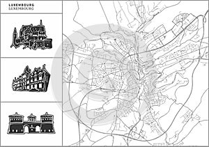 Luxembourg city map with hand-drawn architecture icons
