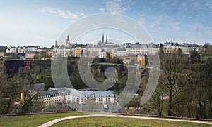 Luxembourg City skyline with Saint Michael`s Church and old Walls - Luxembourg City, Luxembourg