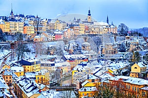 Luxembourg city snow white in winter, Europe