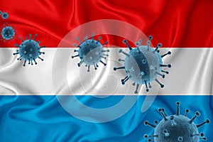 Luxembourg flag. Blue viral cells, pandemic influenza virus epidemic infection, coronavirus, infection concept. 3d-rendering