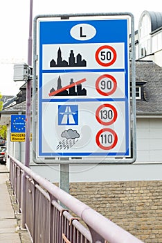 Luxembourg road sign with the speed limits, crossing frontier to the Benelux countries, traffic and transportation law at border