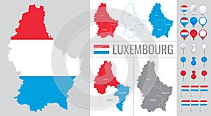 Luxembourg vector map with flag, globe and icons on white background