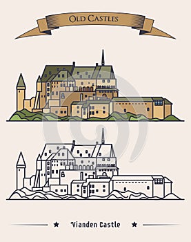 Luxembourg Vianden old castle on mountain with ribbon on top. Romanesque and renaissance architecture of castle or