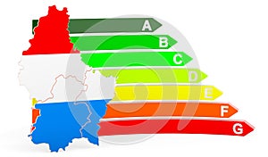 Luxembourgish map with energy efficiency rating, 3D rendering