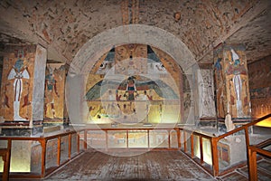 Luxor, Egypt - 28 Feb 2017. Frescos in the ancient necropolis Valley of the Kings in Luxor