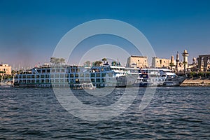 Luxor, Egypt - Jan 28, 2020:The touristic boats on Nile river in Luxor, Egypt