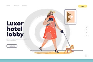 Luxor hotel lobby concept of landing page with woman visitor with dog walking in corridor