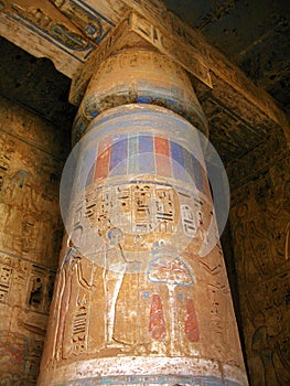 Luxor: Polychromed column at Medinet Habu temple