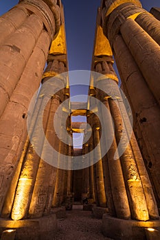 Luxor temple columns at night in Luxor city in upper Egypt