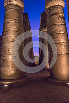 Luxor Temple at night (ancient Thebes) was constructed approximately 1400 BCE