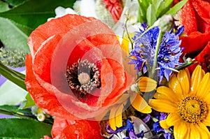 Luxuriant summer bouquet of wildflowers with poppies, daisies, cornflowers closeup.