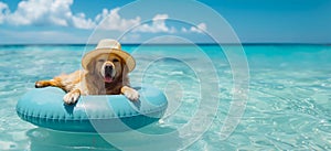 Luxuriating in the beauty of the Maldives, a beautifully groomed dog relaxes on an blue inflatable circle, sporting a fashionable