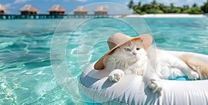 Luxuriating in the beauty of Maldives, a white fluffy cat relaxes on an white inflatable circle