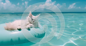 Luxuriating in the beauty of the turquoise ocean, happy and contented white fluffy cat relaxes on an blue inflatable circle,the