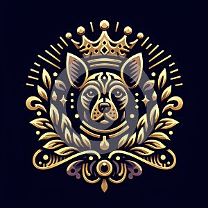 A luxuries and unique logo design art, with a dog wearing a crown, elegance, pet shop design, t-shirt prints, animal photo