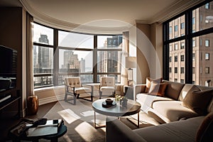 A Luxurious 5-star Hotel Suite in the United States with High-Quality Furnishings and a View of the City, Generative AI