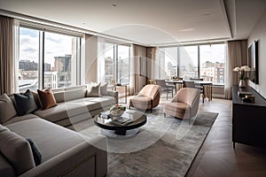 Luxurious 5-star Hotel Suite in the United States with High-Quality Furnishings and a View of the City, Generative AI