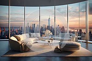 Luxurious Abstract Interior: Expansive Living Room with Panoramic City View photo