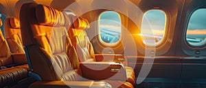A luxurious airplane with gold accents and a sun shining through the windows by AI generated image