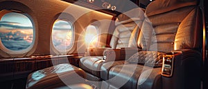 A luxurious airplane with gold accents and a sun shining through the windows by AI generated image