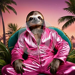 Luxurious anthropomorphic sloth, fashionable and adorned in glimmering jumpsuit