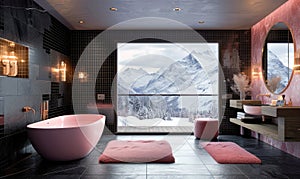 Luxurious apartment bathroom interior with large panoramic window and back wall slate stone.Generative ai