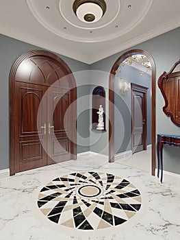 The luxurious apartment hall in a classic style with brown furniture and blue walls. Decorative niches in the wall with a