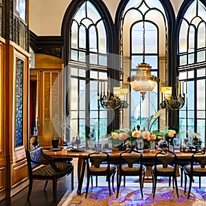 A luxurious, art nouveau dining room with stained glass windows, ornate furnishings, and nature-inspired motifs1, Generative AI