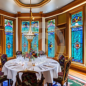 A luxurious, art nouveau dining room with stained glass windows, ornate furnishings, and nature-inspired motifs2, Generative AI