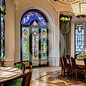 A luxurious, art nouveau dining room with stained glass windows, ornate furnishings, and nature-inspired motifs3, Generative AI
