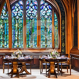 A luxurious, art nouveau dining room with stained glass windows, ornate furnishings, and nature-inspired motifs3, Generative AI