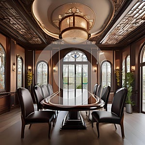 A luxurious art nouveau-inspired dining room with curved furniture, stained glass windows, and floral motifs1