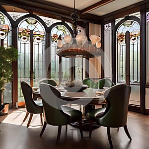 A luxurious art nouveau-inspired dining room with curved furniture, stained glass windows, and floral motifs2