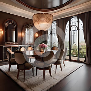 A luxurious art nouveau-inspired dining room with curved furniture, stained glass windows, and floral motifs3