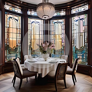 A luxurious Art Nouveau-inspired dining room with stained glass windows and curved lines1
