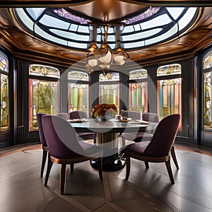 A luxurious Art Nouveau-inspired dining room with stained glass windows and curved lines3