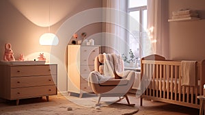 Luxurious Baby Room with Crib: Hyper-Realistic Interior Photography.