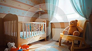 Luxurious Baby Room with Crib: Hyper-Realistic Interior Photography.