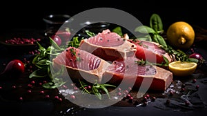 Luxurious Backlit Photography Of Fresh Tuna Fillet With Vegetables And Herbs photo