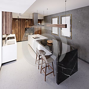 Luxurious bar counter in a modern kitchen and a large panoramic