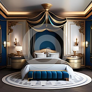 A luxurious, baroque-inspired bedroom with a canopy bed, gilded details, and rich, royal colors1