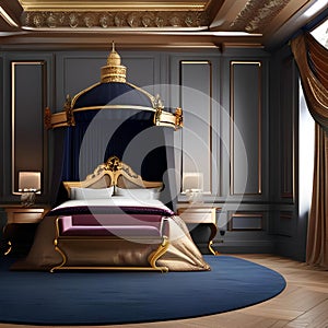 A luxurious, baroque-inspired bedroom with a canopy bed, gilded details, and rich, royal colors2