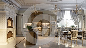 Luxurious baroque kitchen and dining room