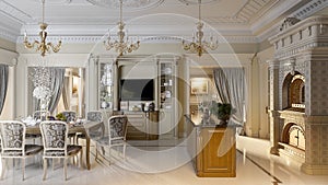 Luxurious baroque kitchen and dining room