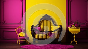 Luxurious Baroque-punk Baby Crib In Dark Magenta And Yellow