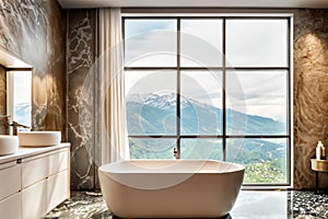 Luxurious bathroom with bathtub and mountain views