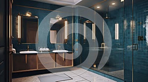 Luxurious bathroom in a classic modern style, dark blue walls, twin sinks with bronze taps, illuminated mirrors, a