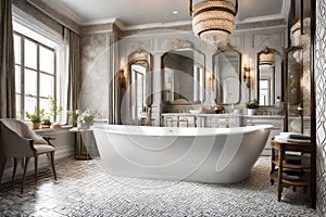 A luxurious bathroom with a freestanding bathtub, elegant fixtures, and a mosaic-tiled floor