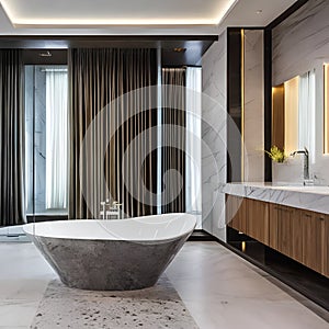 A luxurious bathroom with a freestanding bathtub, marble walls, and soft, indirect lighting4, Generative AI